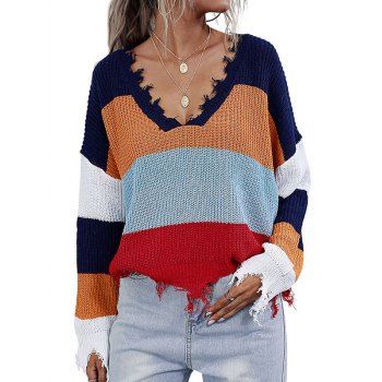 

Colorblock Distressed Trim Oversized Sweater, Blue