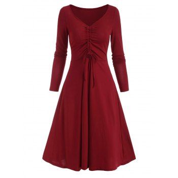 

Cinched Ruched Front A Line Long Sleeve Dress, Deep red