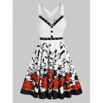 

Summer Sleeveless Grommet Mock Button Crossover Rose Flower Print Dress, Multicolor a