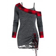 dresslily Plaid Skew Neck Cinched Knitwear and Lace Top Set