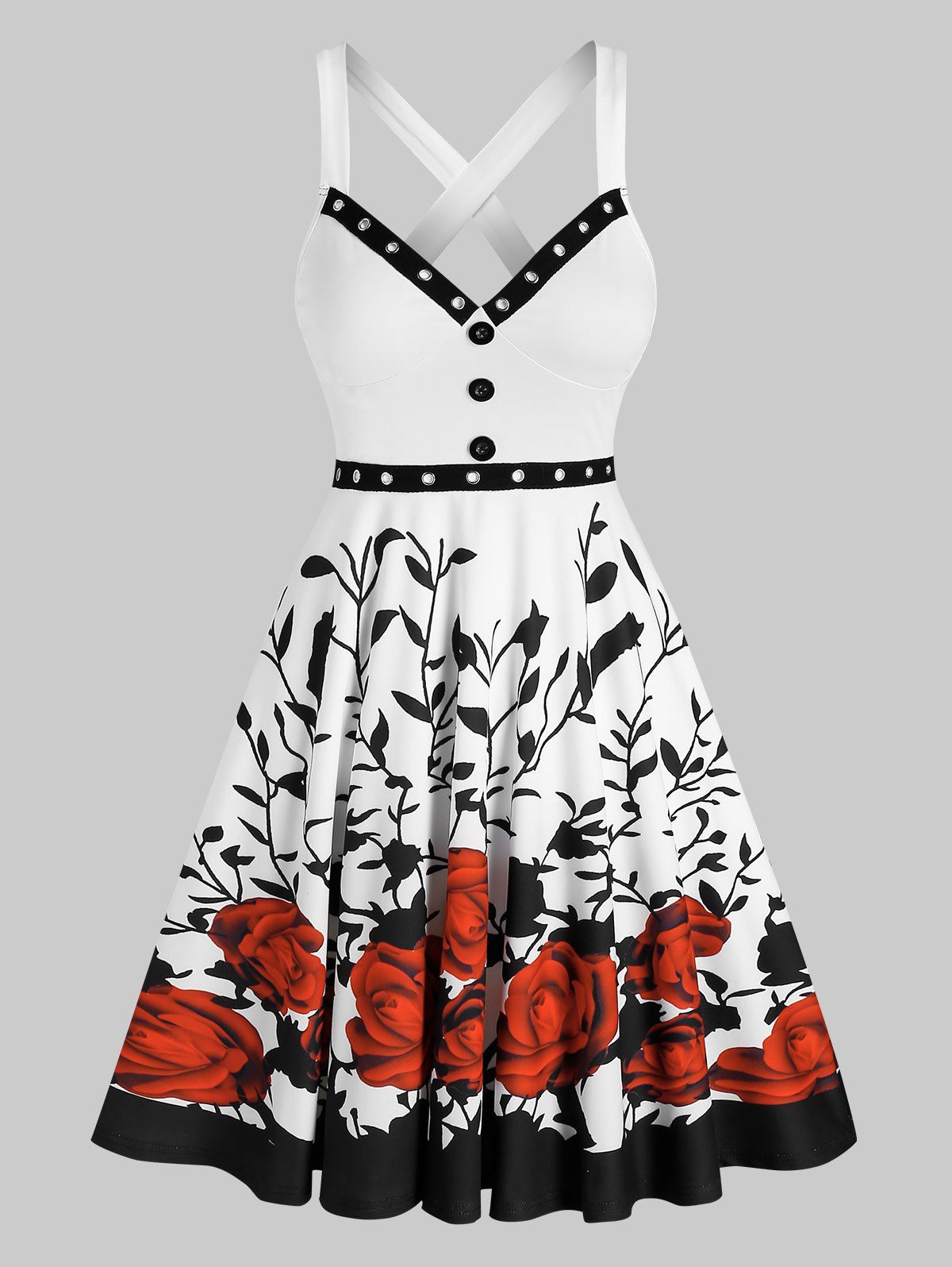 Summer Sleeveless Grommet Mock Button Crossover Rose Flower Print Dress - multicolor A 3XL