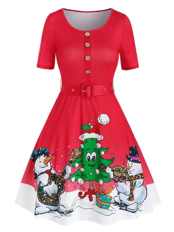 Robe Vintage à Imprimé Sapin de Noël et Bonhomme de Neige  - Rouge L