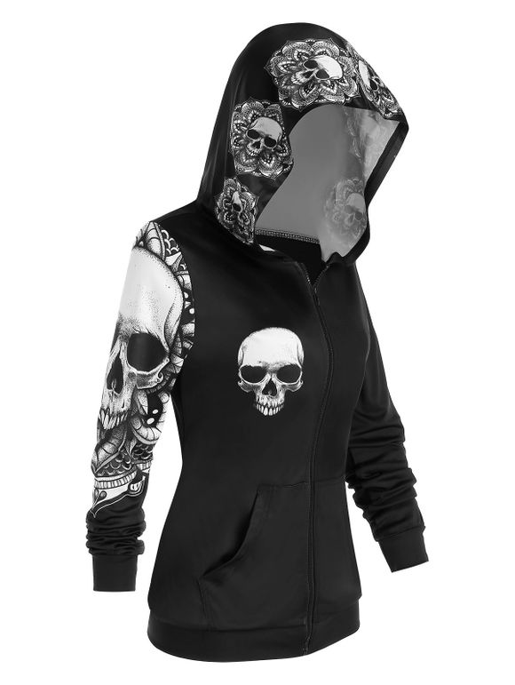 Sweat-Shirt à Capuche avec Fermeture Éclair à Imprimé Crâne D'Halloween - Noir L