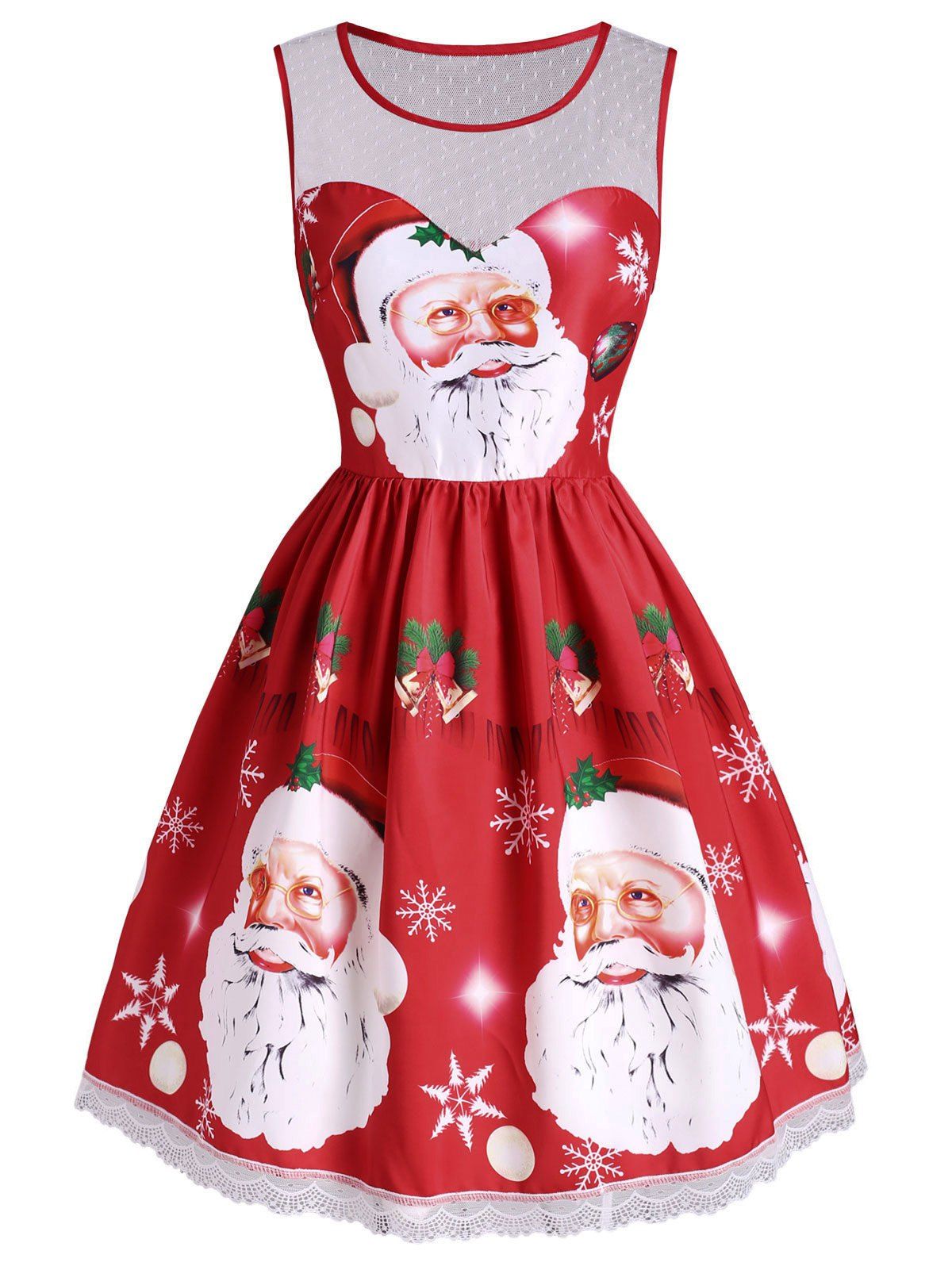 Christmas Bell Santa Claus Snowflake Lace Insert Dress - RED XL