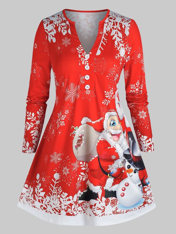 T-shirt Père Noël et Flocon de Neige Imprimés avec Bouton de Grande Taille - Rouge 5X