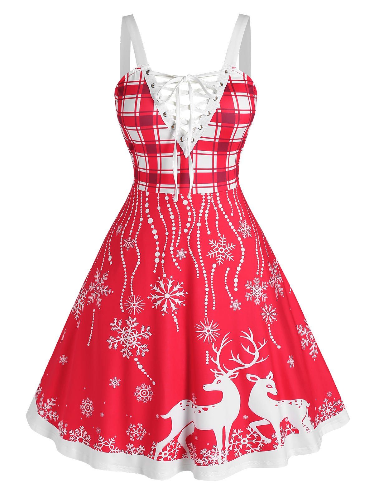 Plus Size Christmas Lace-up Checked Snowflake Elk Dress - RED 3X
