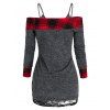 Plaid Skew Neck Cinched Knitwear and Lace Top Set - multicolor A XL