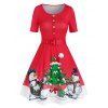 Christmas Tree Snowman Print Vintage Dress - RED L