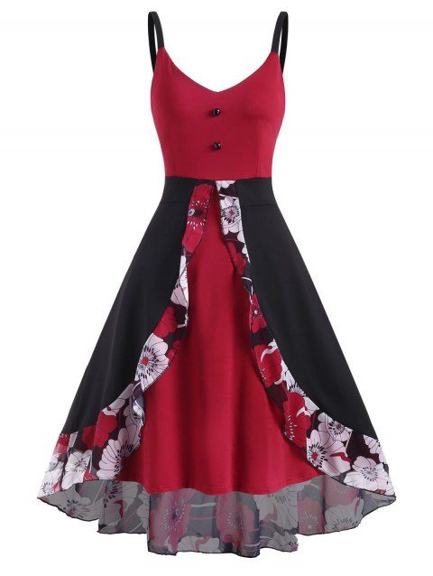 High Low Midi Casual Dress Floral Panel Overlay Mock Button Slit High Waist Sleeveless Summer Dress