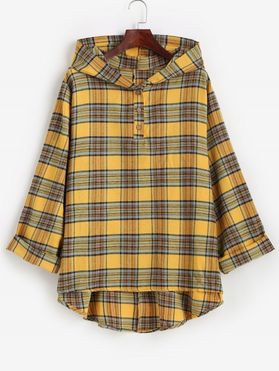 Plus Size Hooded Plaid High Low Top