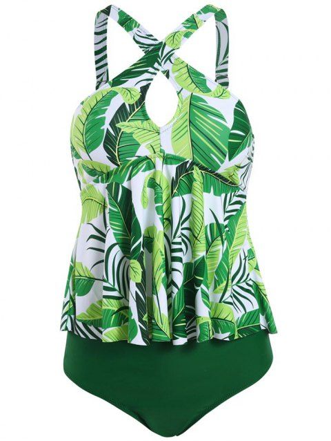 Maillot de Bain Tankini Croisé à Imprimé Fleuri Feuille avec Trou de Serrure