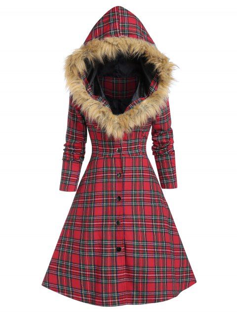 Hooded Faux Fur Insert Lace Up Plaid Coat