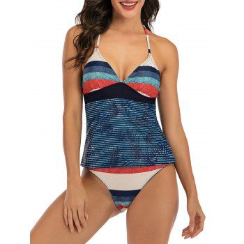 

Lace Up Back Stripes Colorblock Tankini Swimwear, Multicolor