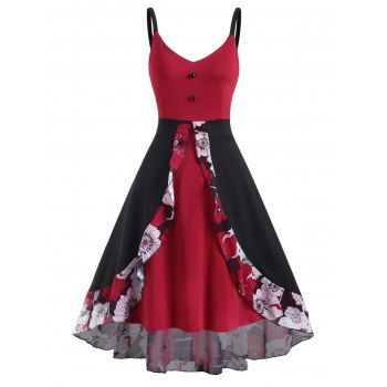 

High Low Midi Casual Dress Floral Panel Overlay Mock Button Slit High Waist Sleeveless Summer Dress, Deep red