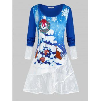 

Plus Size Christmas Snowflake Sheer Lace Hem Tunic Tee, Blue