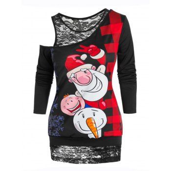 Christmas Printed Skew Neck T Shirt and Lace Tank Top Set