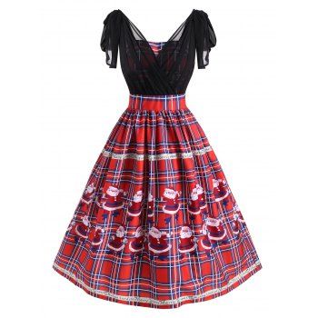 

Christmas Bowknot Chiffon Panel Plaid Santa Claus Dress, Red