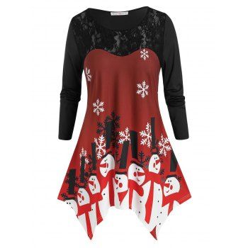 

Plus Size Christmas Lace Yoke Snowman Snowflake Handkerchief Tee, Black