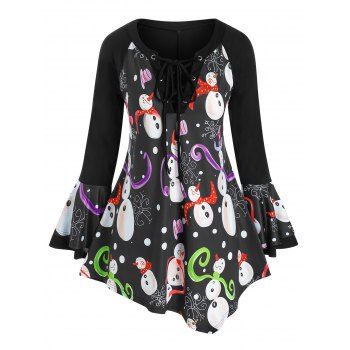 

Plus Size Lace Up Snowman Print T Shirt, Multicolor a