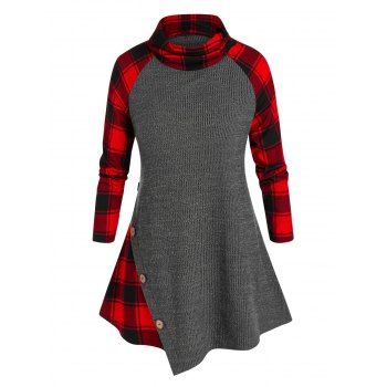 

Plus Size Plaid Panel Asymmetric Buttons Sweater, Battleship gray