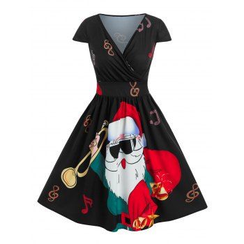 

Christmas Santa Claus Print Surplice Dress, Black