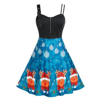 

Plus Size Elk Print Asymmetric Strap Dress, Black