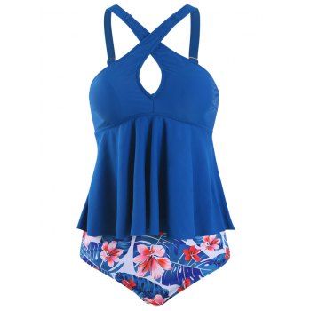 

Criss Cross Keyhole Leaves Print Tankini Swimwear, Blue