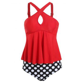 

Criss Cross Keyhole Polka Dot Stripes Tankini Swimwear, Red