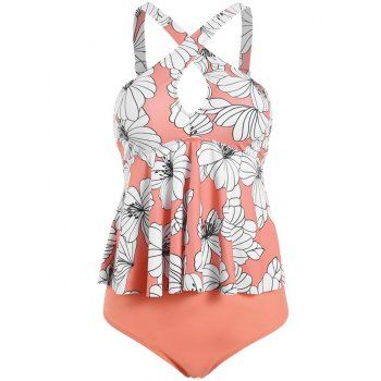 

Criss Cross Keyhole Floral Leaves Print Tankini Swimwear, Light orange