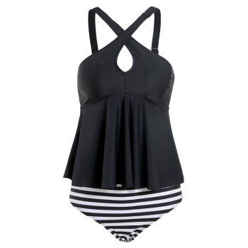 

Criss Cross Keyhole Polka Dot Stripes Tankini Swimwear, Black