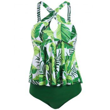 

Criss Cross Keyhole Floral Leaves Print Tankini Swimwear, Deep green