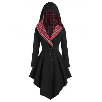 

Hooded Asymmetric Plaid Lace Up Coat, Black