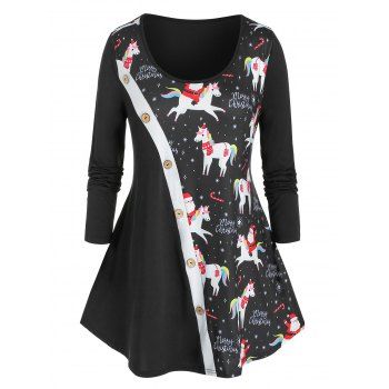 

Plus Size Santa Unicorn Print Buttons T Shirt, Multicolor a