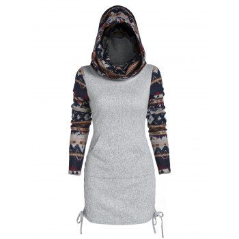 

Hooded Tribal Print Cinched Knitwear, Ash gray