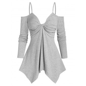 

Front Twist Cold Shoulder Handkerchief T Shirt, Gray