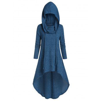 

Hooded Drawstring High Low Long Knitwear, Silk blue