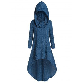 Image of Hooded Drawstring High Low Long Knitwear
