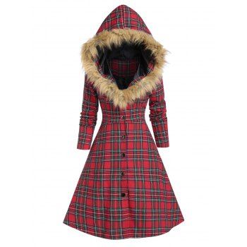 

Hooded Faux Fur Insert Lace Up Plaid Coat, Cherry red