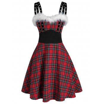 

Plaid Print Sleeveless Faux Fur Insert Dress, Lava red