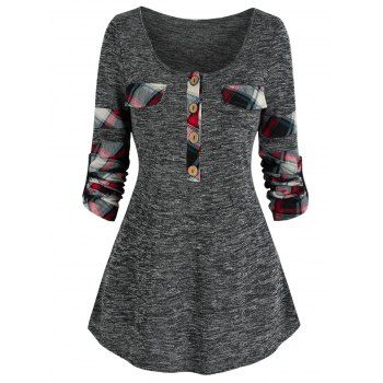 

Plaid Panel Button Pocket Tab Sleeve T Shirt, Dark slate grey