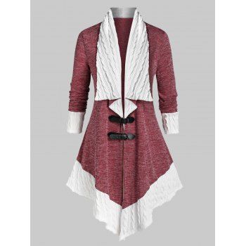 

Plus Size Buckles Two Tone Cable Knit Cardigan, Red wine