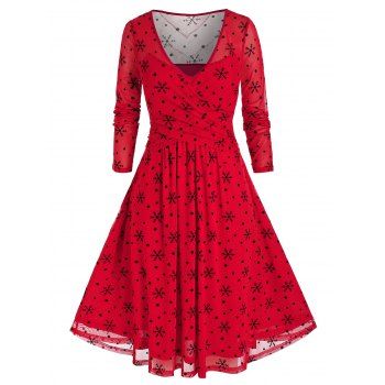 

Plus Size Christmas Snowflake Print Mesh Crossover Dress, Red