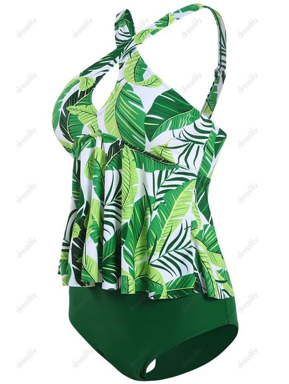 Maillot de Bain Tankini Croisé à Imprimé Fleuri Feuille avec Trou de Serrure - Vert profond S