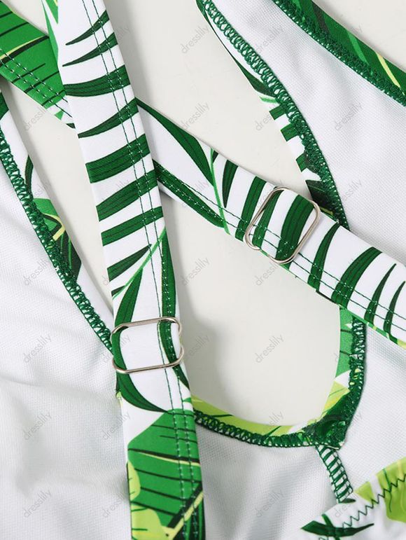 Maillot de Bain Tankini Croisé à Imprimé Fleuri Feuille avec Trou de Serrure - Vert profond S