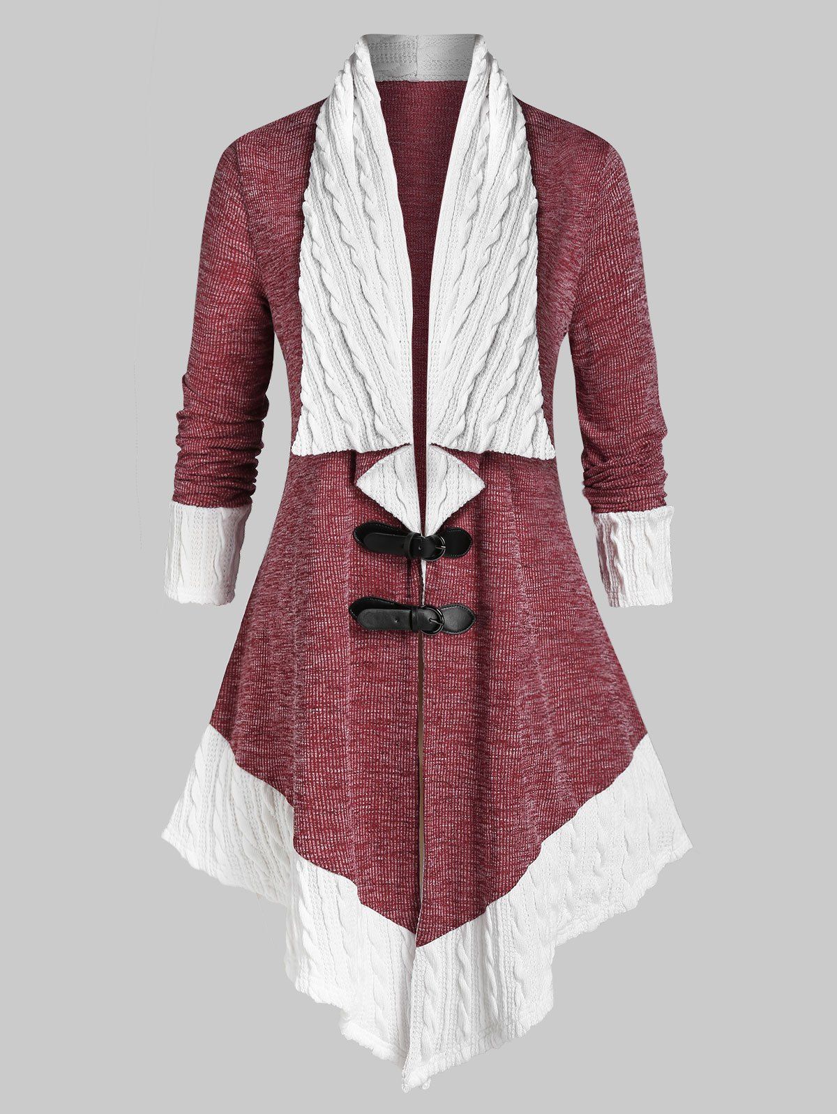 Plus Size Buckles Two Tone Cable Knit Cardigan - RED WINE 3X