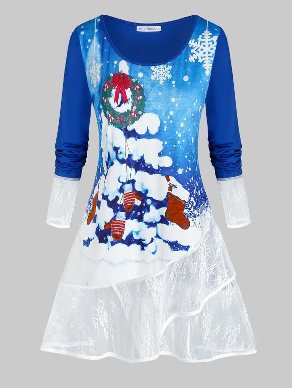 T-shirt de Noël Tunique Flocon de Neige à Ourlet en Dentelle Transparente de Grande Taille - Bleu 5X