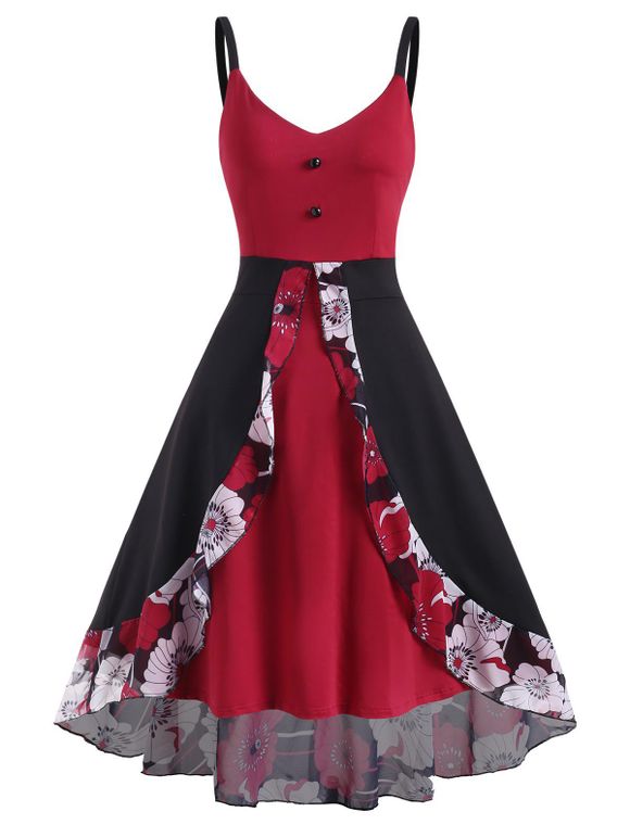 High Low Midi Casual Dress Floral Panel Overlay Mock Button Slit High Waist Sleeveless Summer Dress - DEEP RED M