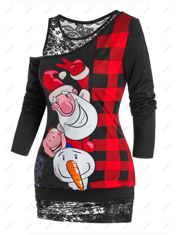 Ensemble de T-shirt de Noël Imprimé à Col Oblique et de Débardeur en Dentelle - Noir M