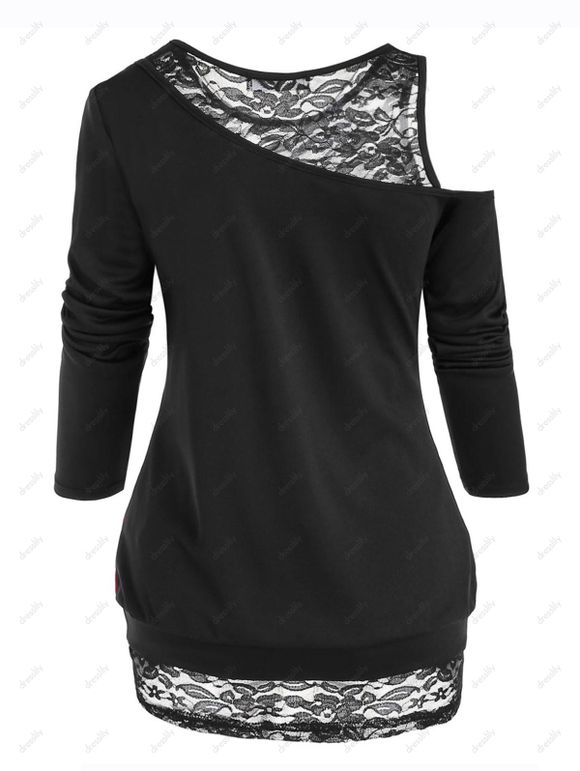 Ensemble de T-shirt de Noël Imprimé à Col Oblique et de Débardeur en Dentelle - Noir M