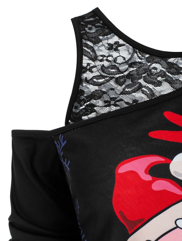 Ensemble de T-shirt de Noël Imprimé à Col Oblique et de Débardeur en Dentelle - Noir M